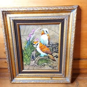 Handpainted OWLS on Tobacco Leaves Framed Picture